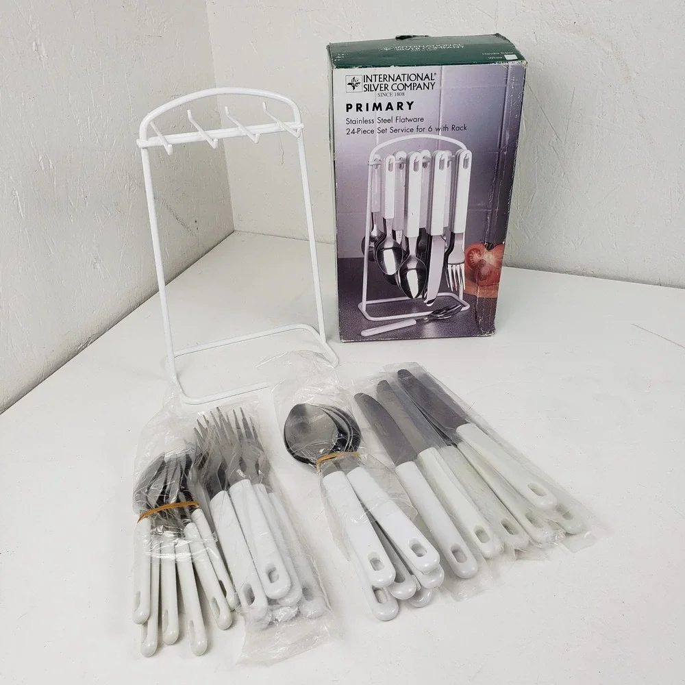 International Silver Co Primary 24pc Flatware Set Service for 6 with Rack White